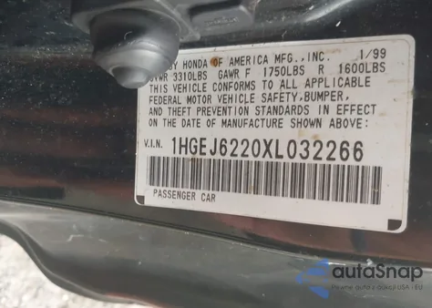 1999 Honda Civic Dx from USA, damaged, VIN 1HGEJ6220XL032266